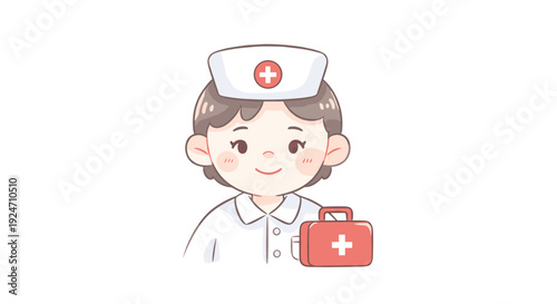Cute cartoon nurse girl holding medical kit and smiling cheerful