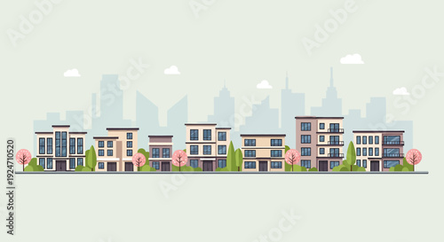 Modern Cityscape Illustration with Diverse Architectural Styles and Cherry Blossom Trees. Vector Illustrations. EPS Editable