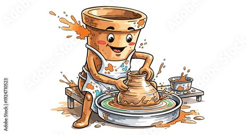 Cute animated clay pot character making pottery on a wheel