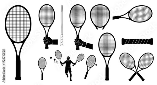Collection of tennis rackets and players with rackets on court
