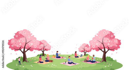 People enjoying a picnic under beautiful cherry blossom trees in a park. Vector Illustrations. EPS Editable