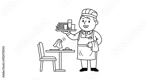 Cartoon chef holding tray with food in a restaurant setting