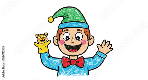 Cute clown with colorful hat and bow tie waving cheerful expression