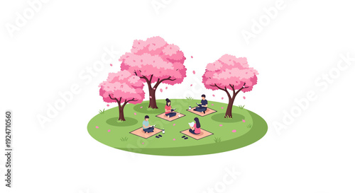 People Meditating Outdoors Under Cherry Blossom Trees in a Park. Vector Illustrations. EPS Editable
