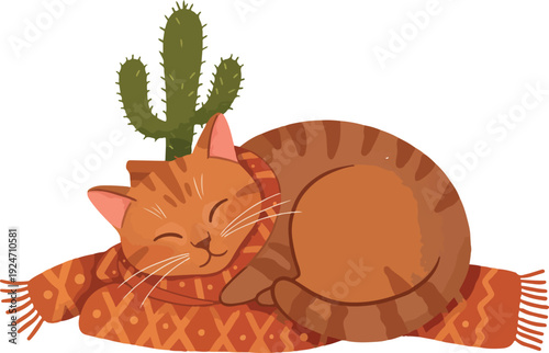 Cute Orange Cat Sleeping Wrapped In Scarf With Cactus Isolated