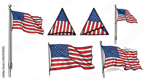 Set of american flags with waving motion