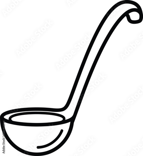 A simple line drawing of a ladle with a long handle and a curled end.