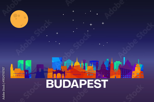 Photography Colorful geometric illustration of Budapest, Hungary skyline at night with moon and stars above