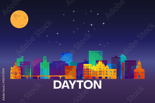 Cuadro en lienzo Colorful geometric illustration of Dayton, Ohio, USA skyline at night with moon and stars above
