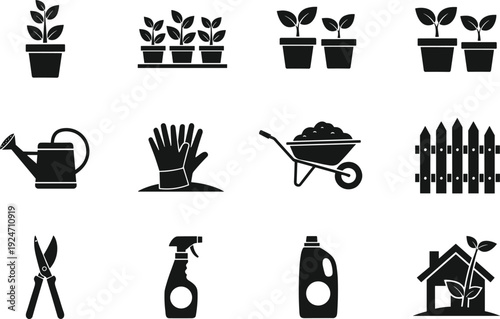 Gardening tools and plant care icons black silhouette vector set isolated garden equipment collection illustration