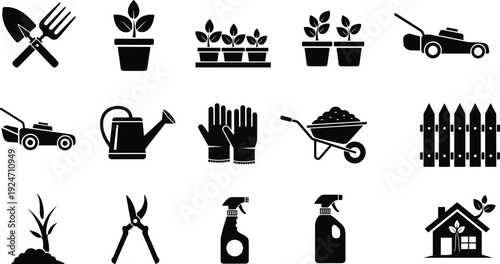 Gardening tools and plant care icons set black silhouette vector illustration isolated garden equipment collection design