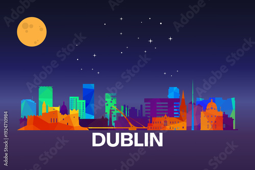 Canvas Print Colorful geometric illustration of Dublin, Ireland skyline at night with moon and stars above