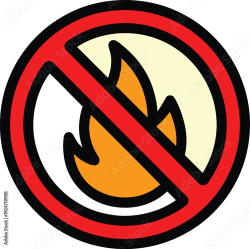 Red prohibition sign over orange flame fire warning