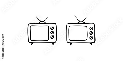 Vintage television set hand drawn illustration featuring retro tube tv with antenna and dials representing old school broadcasting and media technology
