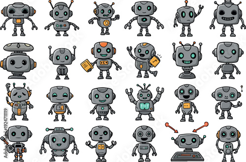 Cute Pixel Art Robots Set Flat Design Style Minimalist Illustration