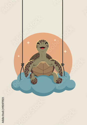 Cute Pixel Art Sea Turtle Swinging on Cloud Pastel Sky Minimal Illustration