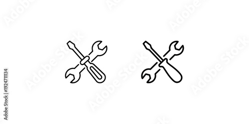Crossed screwdriver and wrench tool icon set for construction repair service maintenance and engineering work symbols in minimalist outline vector style