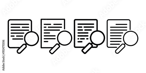 Document search icon set featuring paper sheets with magnifying glass for file audit research investigation inspection analysis data review and discovery