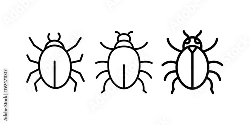 Three different bug icons with antennae and segmented bodies are depicted, showing variations in design for insect representations on a white background