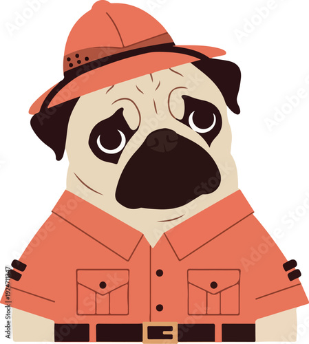 Cute Pug in Royal Canadian Mounted Police Uniform Flat Design