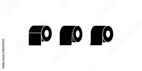 Three identical toilet paper roll icons are shown in solid black silhouette, representing bathroom essentials on a clean white background