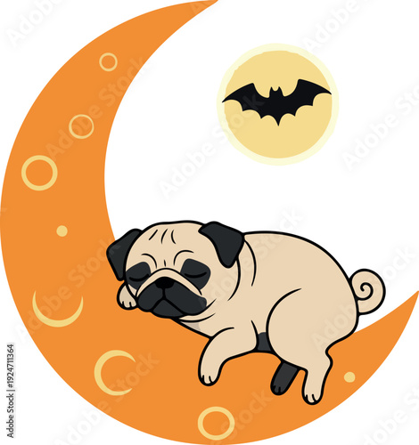 Cute Pug Sleeping On Orange Crescent Moon Bat Moon Vector