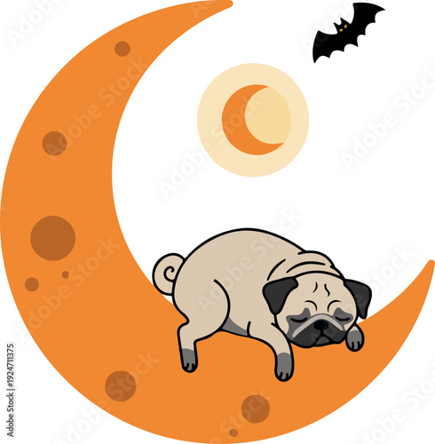 Cute Pug Sleeping On Orange Crescent Moon With Bat And Circle Moon
