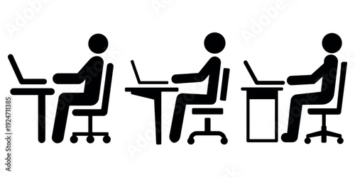 Three minimalist black silhouette icons of people working on laptops at desks, seated in chairs on a white background, illustrating remote work and office environments