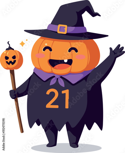 Cute Pumpkin Witch Character With Little Pumpkin Wand And Number 21 Cape