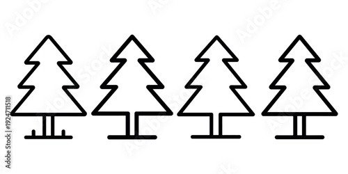Four stylized Christmas trees outline identical simple shape for winter holiday decoration or winter nature symbol.