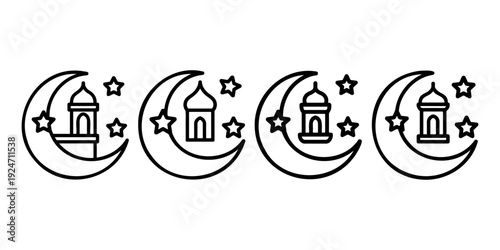 Crescent moon and mosque building line art icons for islamic holidays ramadan kareem and eid mubarak celebration events featuring night sky star symbols