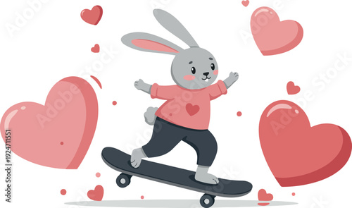 Cute Rabbit on Skateboard Pink Hearts Vector Art