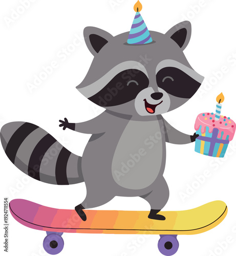 Cute Raccoon Birthday Party Skateboard Cake Hat Colorful Vector Illustration