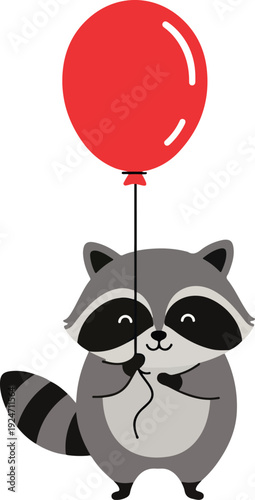 Cute Raccoon Holding Red Balloon Minimal Illustration
