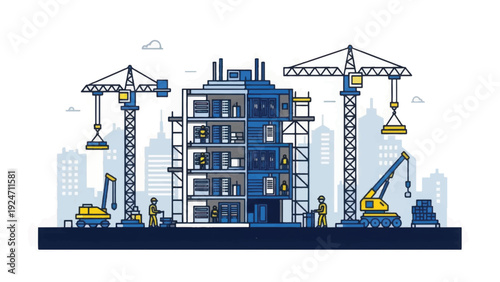 Construction Site Illustration: Building Under Development with Tower Cranes, Scaffolding, and Workers. Urban Architecture and Engineering Progress.