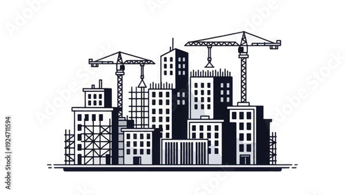 Black and white hand-drawn illustration of a city skyline under construction. Urban development sketch with cranes, buildings, and scaffolding.