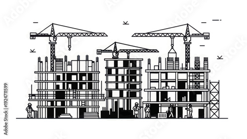 Detailed Line Art Illustration of Urban Construction Site. Buildings Framework, Tower Cranes, and Real Estate Development Outline Drawing.