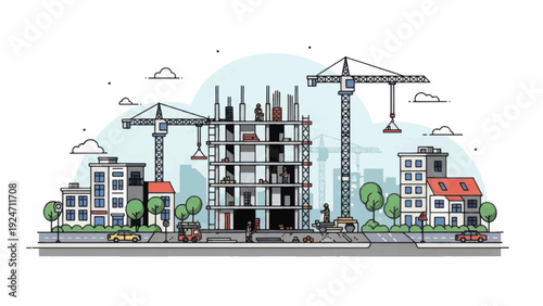 City Construction Site Illustration. Urban Building Development, Tower Cranes, Workers, and Concrete Skeleton Structure.