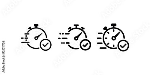 Speed time icon set, stopwatch with check mark sign, fast delivery, quick service, complete on time, vector illustration