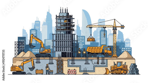 Urban Construction Site Illustration: Building Foundation, Heavy Machinery, Crane, Excavator, and City Skyline Development Vector