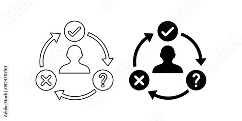 User with check, cross and question mark in arrows, outline and glyph style, decision making, choice process, vector