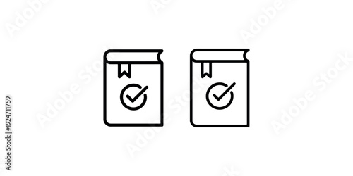 Set of two line art icons representing books with bookmarks and checkmarks, symbolizing knowledge, learning, and completion