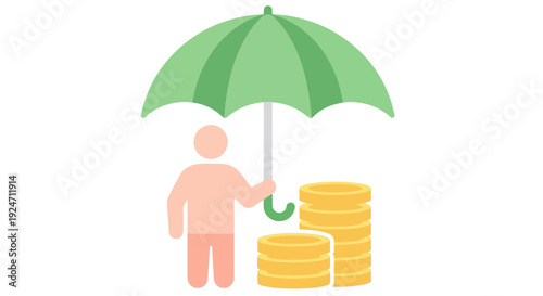 Person holding umbrella over gold coins.