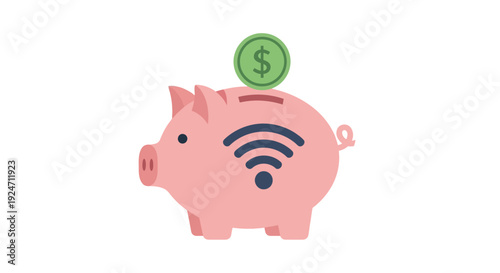 Pink Piggy Bank with Coin and WiFi.