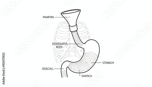 Anatomical illustration of the human digestive system: pharynx, esophagus, stomach, diaphragm