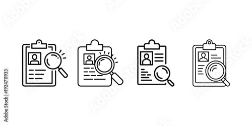 Recruitment and talent search icon set with magnifying glass over candidate profile clipboard documents highlighting professional human resource selection