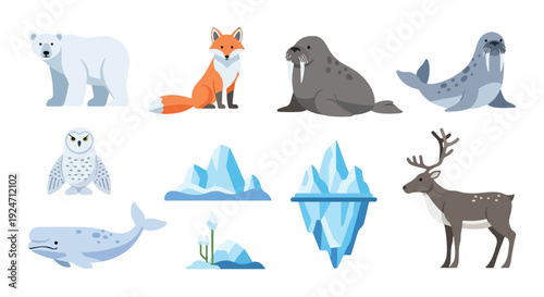 Illustration of Arctic animals and icebergs for World Wildlife Day with a cold, icy mood and a minimalist composition