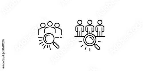 Recruitment search icon set showing magnifying glass over group of people for talent acquisition headhunting hiring process professional human resources