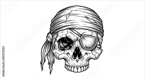 Pirate Skull with Eyepatch and Bandana, Black and White Illustration