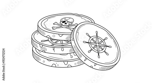 Pirate Treasure Coins Stacked with Skull and Ship Wheel - Vintage Illustration